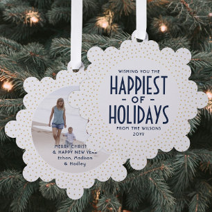 Happiest of Holidays Navy & Gold Confetti Photo Ornament Card