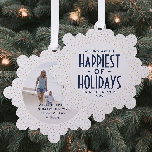 Happiest of Holidays Navy  Gold Confetti Photo Ornament Card