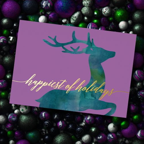 Happiest of Holidays with Teal Watercolor Reindeer Holiday Card