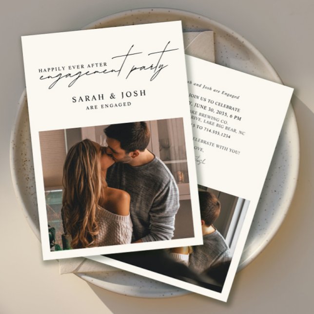 Happily Ever After 2 Photo Cream Engagement Party Invitation (Creator Uploaded)