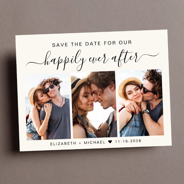 Happily Ever After 3 Photo Cream Save The Date Announcement Postcard (A stylish save the date photo collage announcement postcard for your wedding)