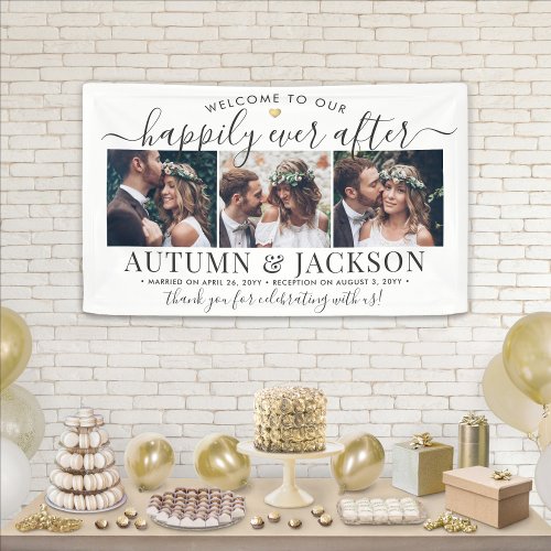 Happily Ever After 3 Photo Elegant Wedding Welcome Banner