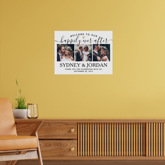 Happyeverafter メッセージフォト Happily Ever After 3 Photo Wedding Welcome Script Poster | Zazzle