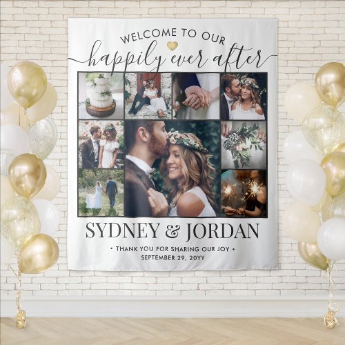 Happily Ever After 9 Photo Collage Wedding Welcome Tapestry