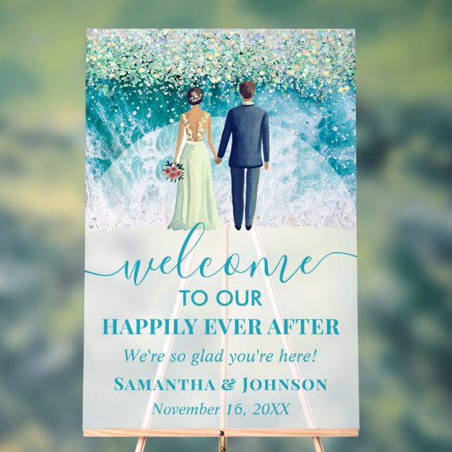 Happily Ever After Beach Wedding Welcome Frosted Acrylic Sign (Neutral)