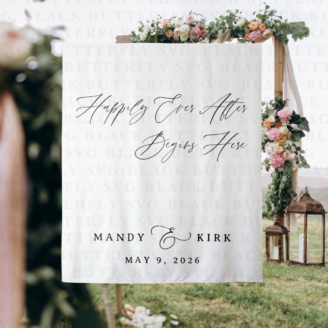 Happily Ever After Begins Here Wedding Backdrop  (happily ever after wedding backdrop banner)