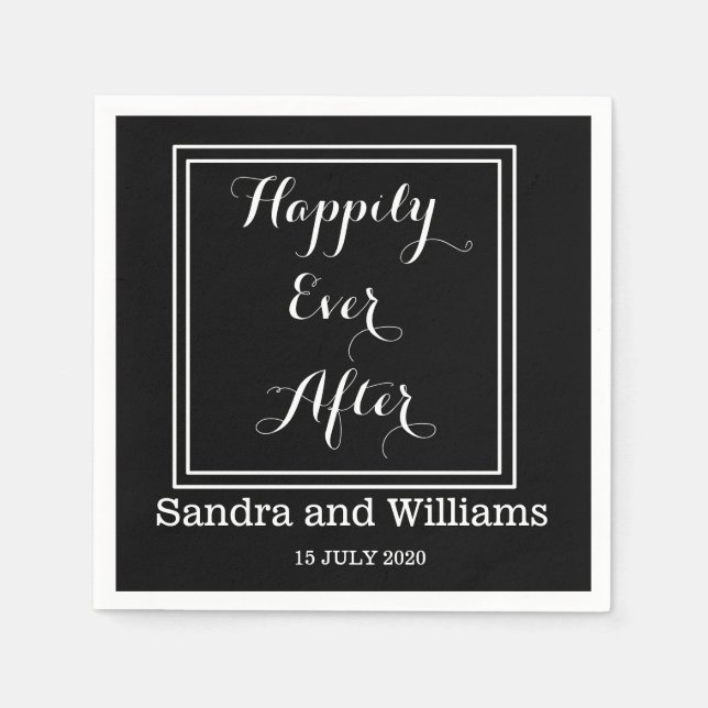 'Happily Ever After'-Black And White Personalized Paper Napkins (Front)
