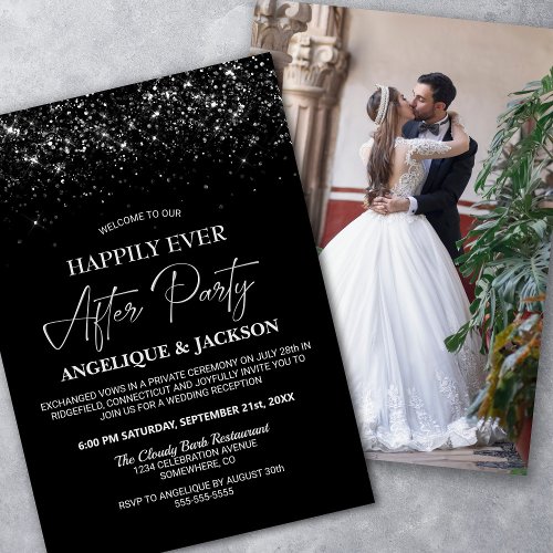 Happily Ever After Black Glitter Wedding Reception Invitation