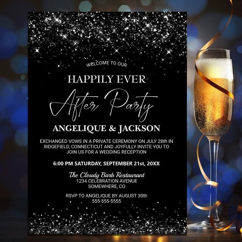Happily Ever After Black Glitter Wedding Reception Invitation