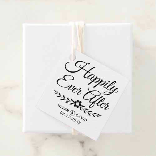 Happily ever after black typography flower wedding favor tags