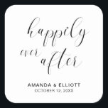 Happily Ever After Black White Typography Wedding Square Sticker<br><div class="desc">Typography wedding favor stickers featuring the message, "Happily Ever After" in black calligraphy with a heart dotting the "i", over a white background. Below are your names and date. The simple and minimal layout and lots of open space give this design a modern feel and the calligraphy lettering and heart...</div>