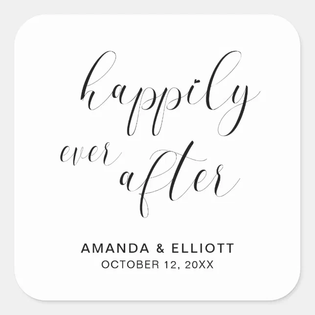 Happily Ever After Black White Typography Wedding Square Sticker | Zazzle