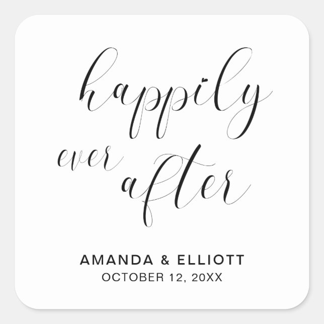 Happily Ever After Black White Typography Wedding Square Sticker (Front)