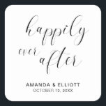 Happily Ever After Black White Typography Wedding Square Sticker<br><div class="desc">Typography wedding favor stickers featuring the message, "Happily Ever After" in black calligraphy with a heart dotting the "i", over a white background. Below are your names and date. The simple and minimal layout and lots of open space give this design a modern feel and the calligraphy lettering and heart...</div>