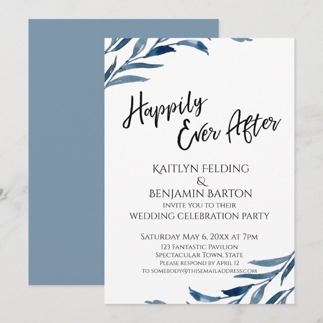 Happily Ever After Blue Leaves Reception-Only Invitation (Front/Back)