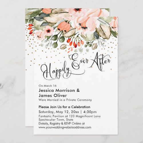 Happily Ever After Blush Floral Faux Gold Confetti Invitation