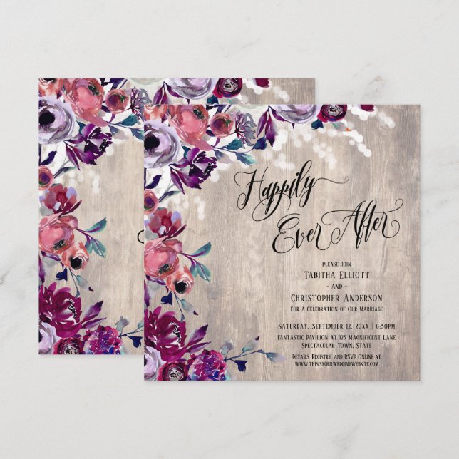Happily Ever After Bold Flowers Pale Wood & Lights Invitation (Front/Back)
