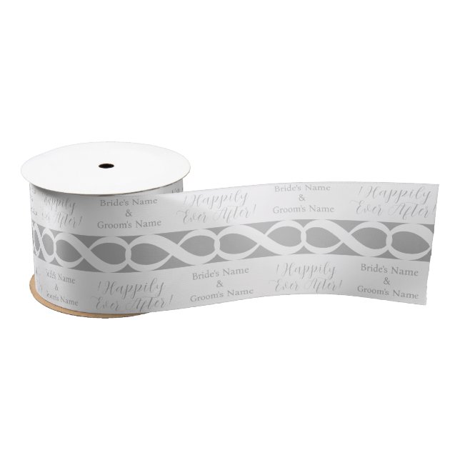 Happily Ever After! Bride Groom Silver White, Cute Satin Ribbon (Spool)