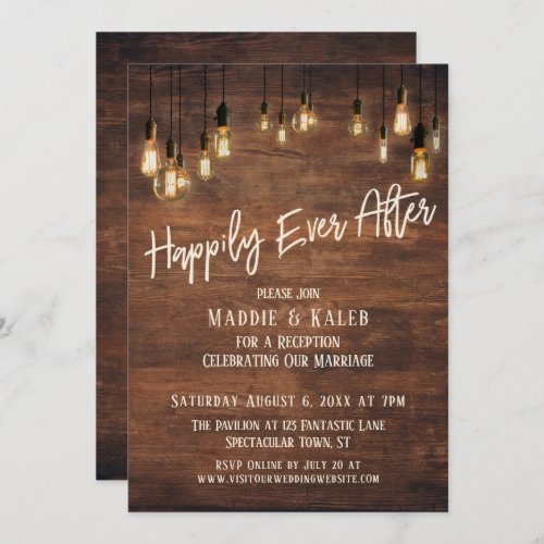 Happily Ever After Brown Wood Wall Edison Lights Invitation