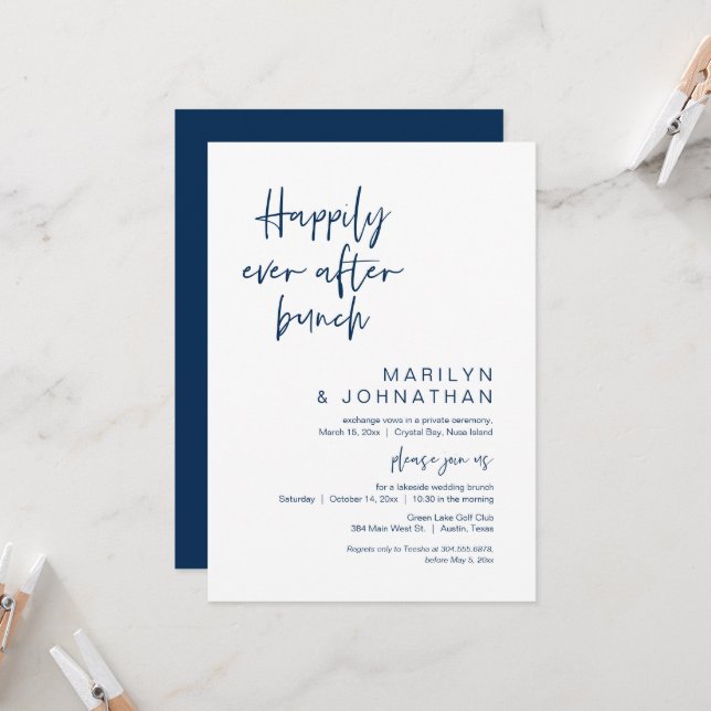Happily Ever After Brunch, Elopement, Navy Blue Invitation (Front/Back In Situ)