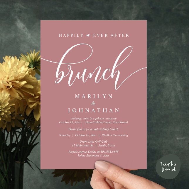 Happily Ever After Brunch, Post Wedding Invitation (Happily Ever After Brunch, Wedding Party Invitation Card PDF Modern Beautiful Dusty Rose Pink)