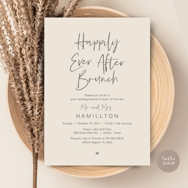 Happily Ever After Brunch, Wedding Elopement Party Invitation (Happily Ever After Brunch The Morning After Invitation Card PDF Newlyweds in Aesthetic Cream Grey)