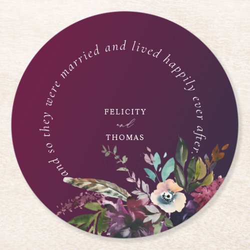 Happily Ever After Burgundy Floral Wedding Round Paper Coaster