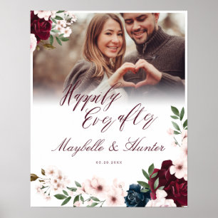 Happily Ever After Burgundy Navy Floral Photo Poster