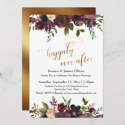 Happily Ever After Burgundy Red Floral Gold Script Invitation