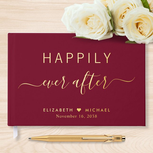 Happily Ever After Burgundy Wedding Foil Guest Book (Creator Uploaded)
