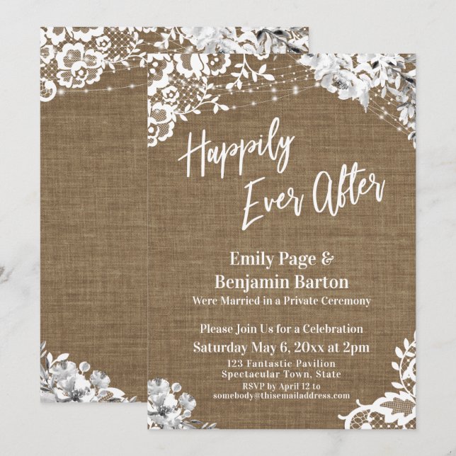 Happily Ever After Burlap Lace Floral Lights Invitation (Front/Back)
