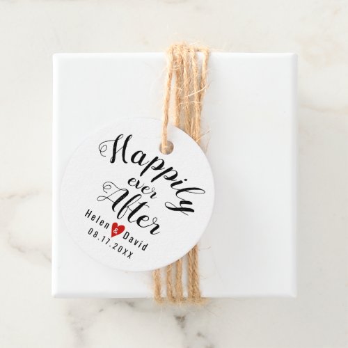 Happily ever after calligraphy red heart wedding favor tags