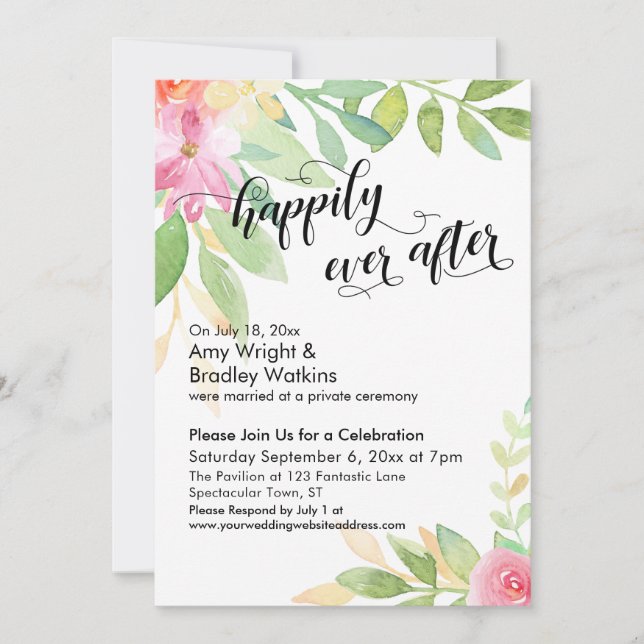 Happily Ever After Calligraphy Watercolor Flowers Invitation (Front)