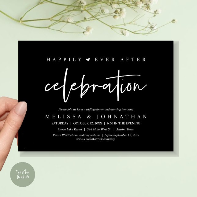 Happily Ever After Celebration, Wedding Dinner Invitation (Happily Ever After Celebration, Wedding Dinner Invitation Card, PDF, Modern Script, in Classy Black)