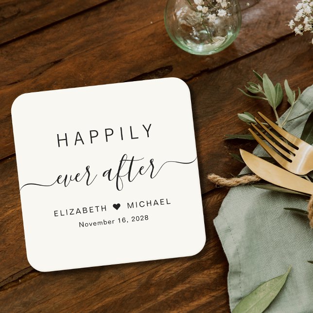 Happily Ever After Cream Wedding Square Paper Coaster (Creator Uploaded)