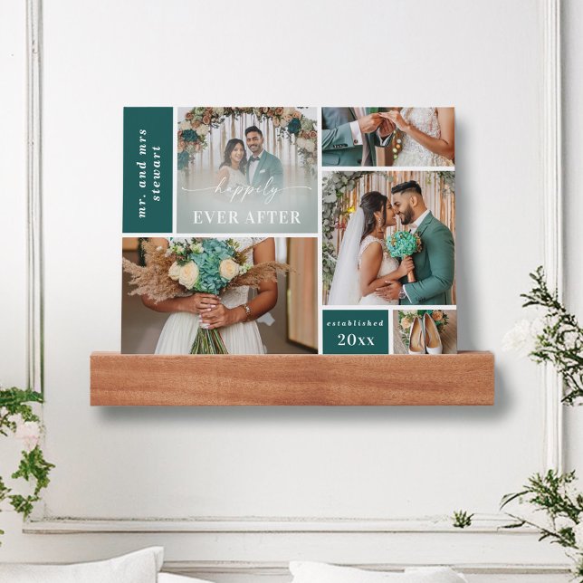 Happily Ever After Custom 5 Wedding Photo Collage Picture Ledge (A personalized wedding photo collage featuring five photos, "Happily Ever After," and custom text.)