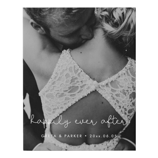 Happily ever after cute whimsical wedding photo faux canvas print (Front)