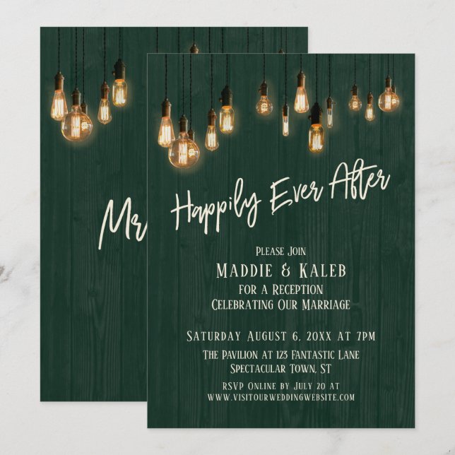 Happily Ever After Dark Green Wood Edison Lights Invitation (Front/Back)