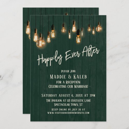 Happily Ever After Dark Green Wood Edison Lights Invitation