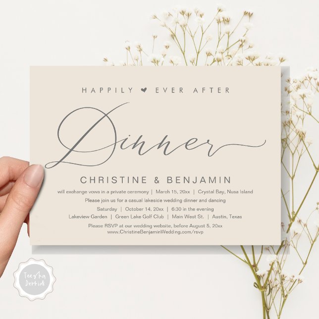 Happily Ever After Dinner Elopement, Modern Script Invitation (Happily Ever After Dinner Invitation Card, PDF, Modern Romantic Script, in Grey Cream)