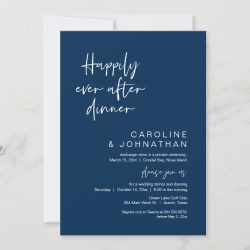 Happily Ever After Dinner Elopement Navy Blue Invitation