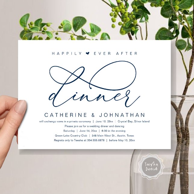 Happily Ever After Dinner, Modern Romantic Party Invitation (Happily Ever After Dinner Party, Modern Romantic Wedding  Invitation Card, PDF, Classy Navy Blue)