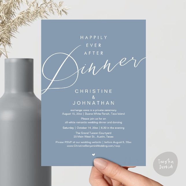 Happily Ever After Dinner, Modern Romantic Wedding Invitation (Happily Ever After Dinner Invites Card PDF modern romantic minimalist clean dusty blue)