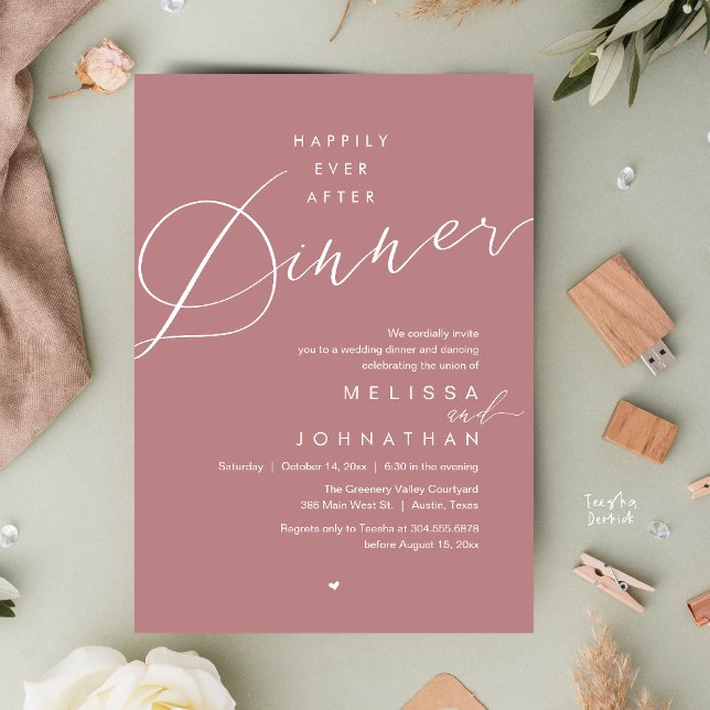 Happily Ever After Dinner Romantic Wedding Party Invitation (Happily Ever After Dinner Romantic Wedding Reception Party Invitation card in dusty rose pink)