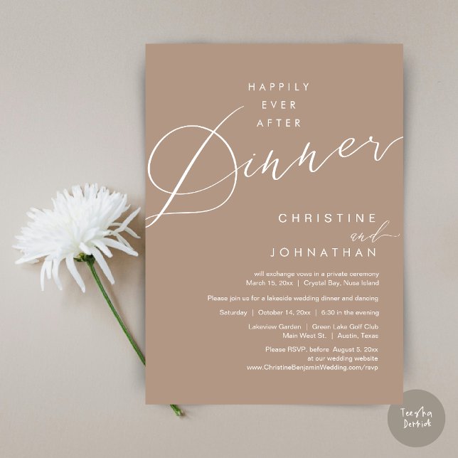 Happily Ever After Dinner Wedding Elopement Script Invitation (Happily Ever After Dinner Wedding Elopement Script Invitation Card, PDF, Modern Romantic, Warm Taupe)