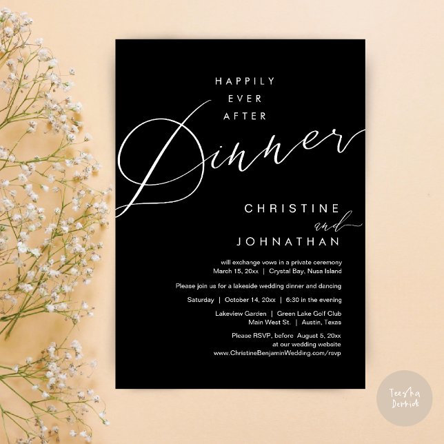 Happily Ever After Dinner Wedding Elopement Script Invitation (Happily Ever After Dinner Wedding Elopement Script Invitation Card, PDF, Modern Romantic, in Black)