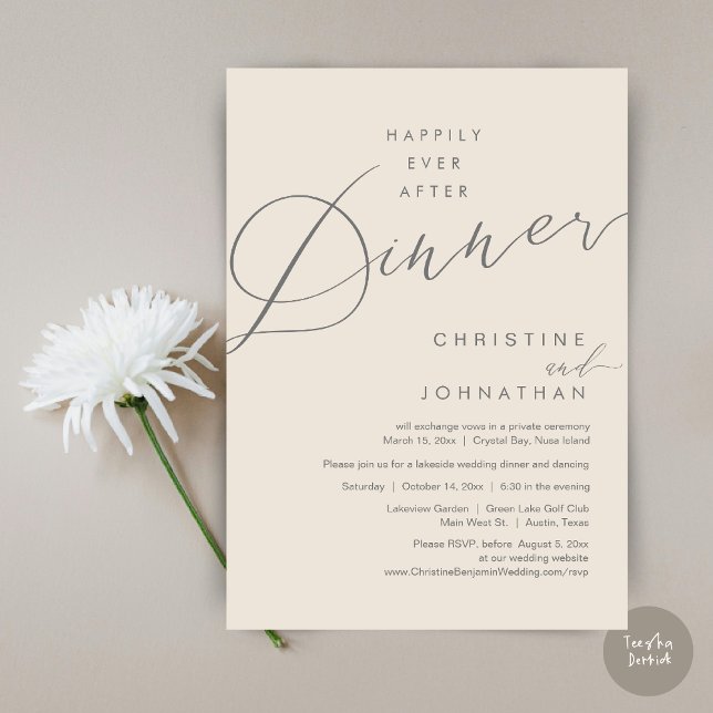 Happily Ever After Dinner Wedding Elopement Script Invitation (Happily Ever After Dinner Wedding Elopement Script Invitation Card, PDF, Modern Romantic, Cream Grey)