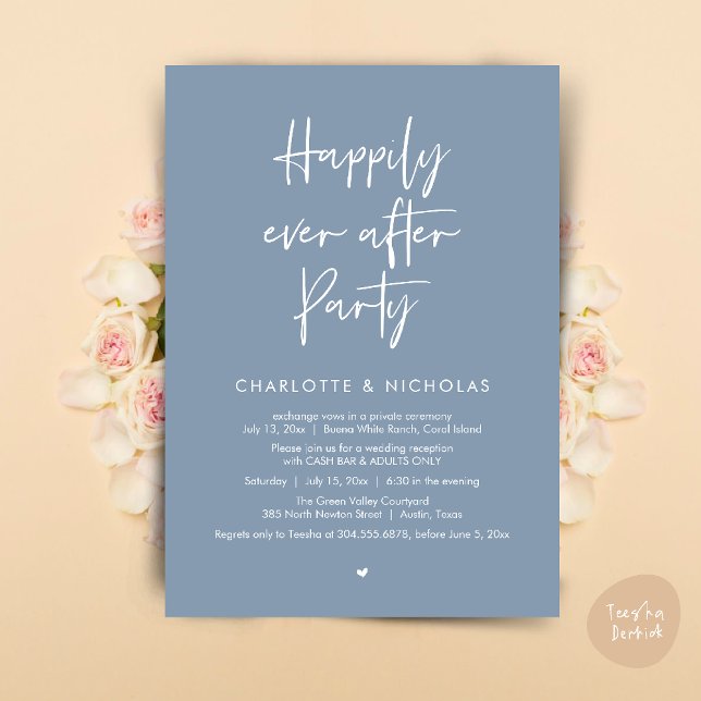 Happily Ever After Dinner Wedding Party Cash Bar Invitation (Happily Ever After Modern Dinner Wedding Reception Party Cash Bar Invitation Card PDF Dusty Blue)