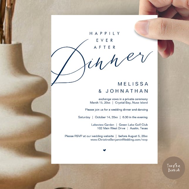 Happily Ever After Dinner, Wedding Party, in Navy Invitation (Happily Ever After Dinner Invitation Card, PDF, Modern Romantic Wedding Elopement , in Navy Blue)