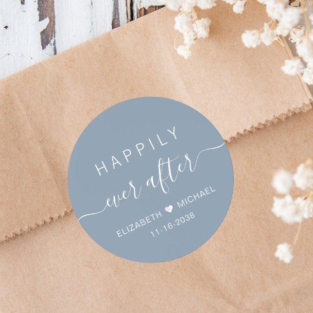 Happily Ever After Dusty Blue Wedding Classic Round Sticker (Creator Uploaded)